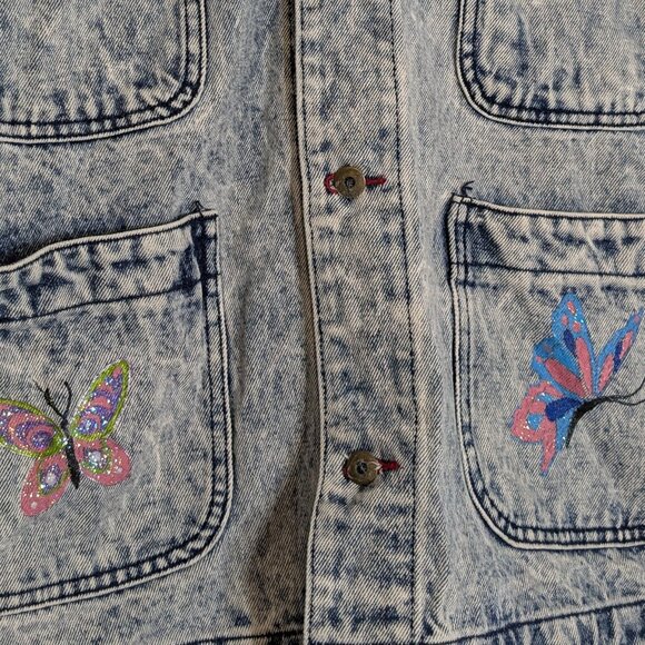 MICHAEL SLOANE Acid Wash Blue Button Jean Jacket w Painted Flowers; Size S - L - Picture 3 of 5